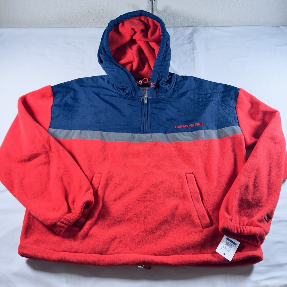 Tommy Hilfiger Pullover Hoodie Women XL NWT Red Fleece 1/4 Zip Casual Sweatshirt